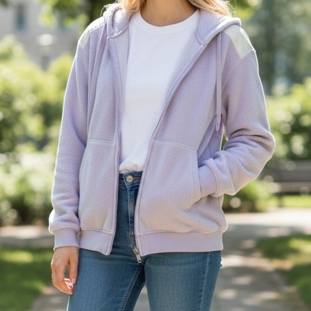 J. America Fleece Hoodie Women Large White Full Zip Plush Vanity Jacket
